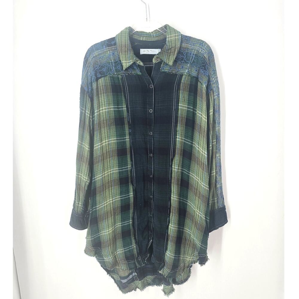 We The Free Plaid Patchwork Flannel Snap Front Tunic Shirt Embroider Distressed